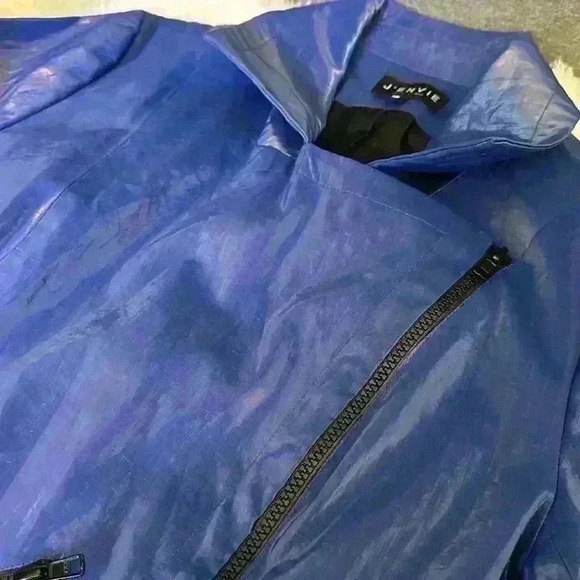 J’Envie NY Shiny Cobalt Blue Double Breasted Rain Jacket w/ Zippers Women Med - Picture 8 of 10